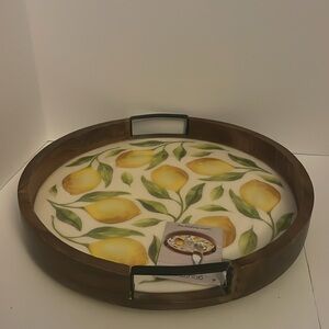 Gourmet Basics Lemon Rotating Tray, wood with iron handles. 16”L X 16”W X 2.75”H